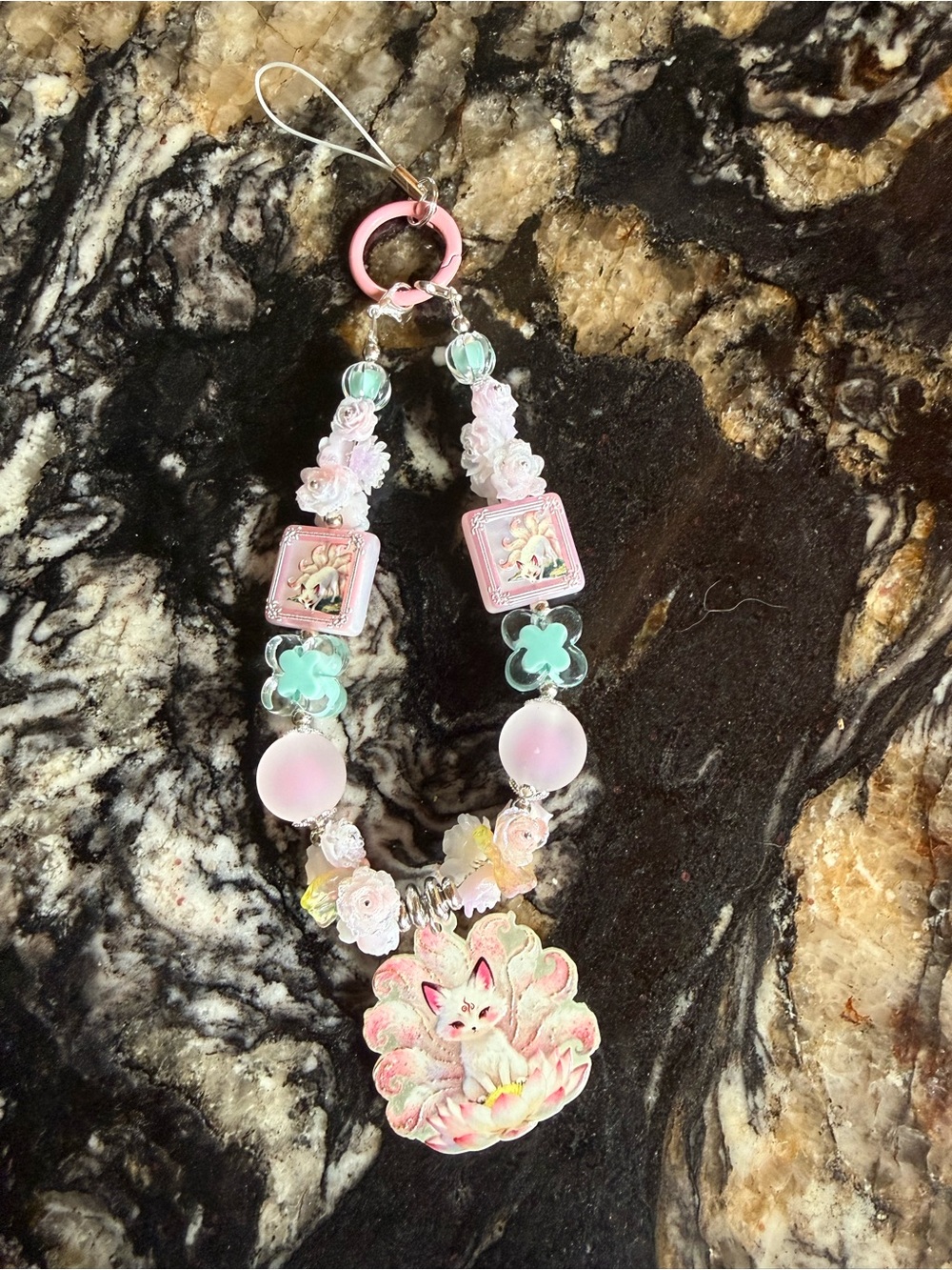 Handcrafted Pink & Mint Fox Phone Charm.